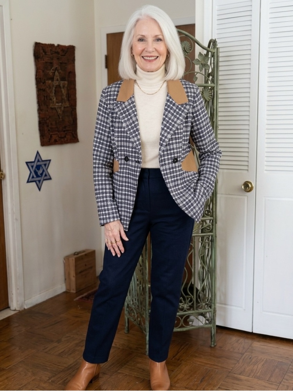 Stylish Women's Plaid Jacket with Tan Accents